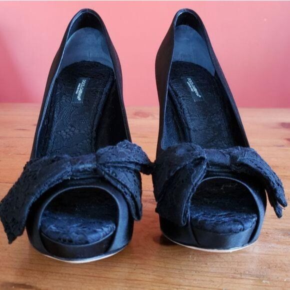 Dolce and Gabbana Satin Lace Bow Pump Black Platform Heels Peep Toe Size 39 - Picture 5 of 8